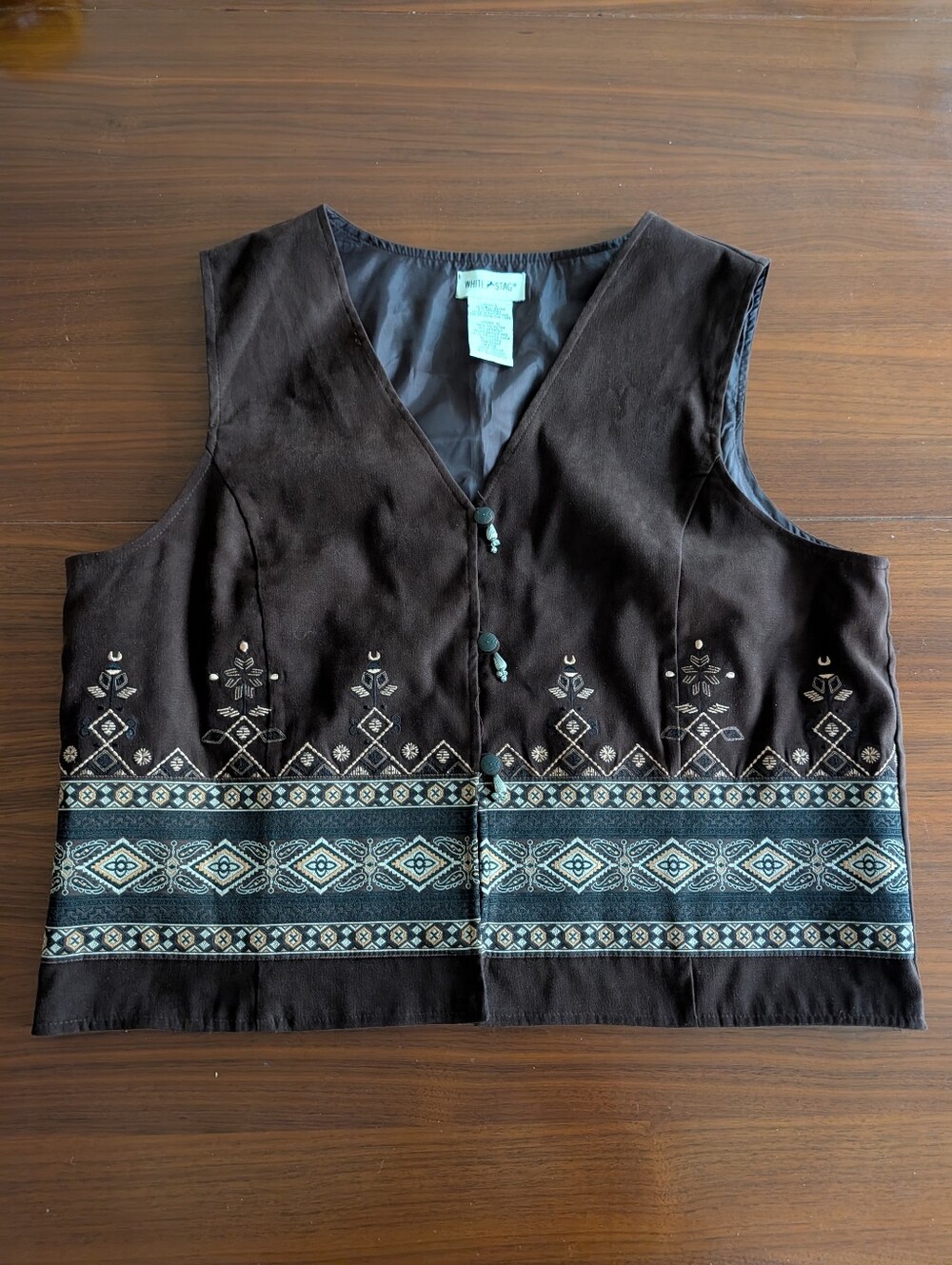 White Stag Brown Embroidered V-Neck Western Women's Vest Size Large Pre Owned